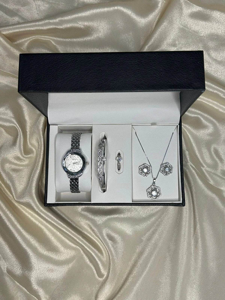 Elegant Silver Jewelry Gift Set for Women – Watch, Bracelet, Ring, Necklace & Earrings - RiwayatbyRida