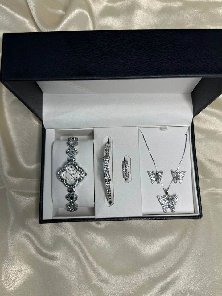 Elegant Silver Jewelry Gift Set for Women – Watch, Bracelet, Ring, Necklace & Earrings - RiwayatbyRida