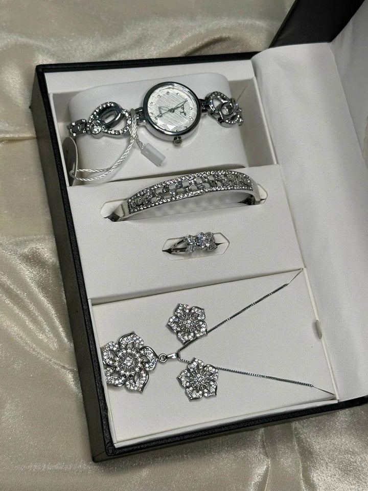 Elegant Silver Jewelry Gift Set for Women – Watch, Bracelet, Ring, Necklace & Earrings - RiwayatbyRida