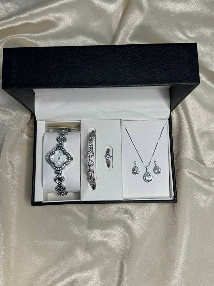 Elegant Silver Jewelry Gift Set for Women – Watch, Bracelet, Ring, Necklace & Earrings - RiwayatbyRida