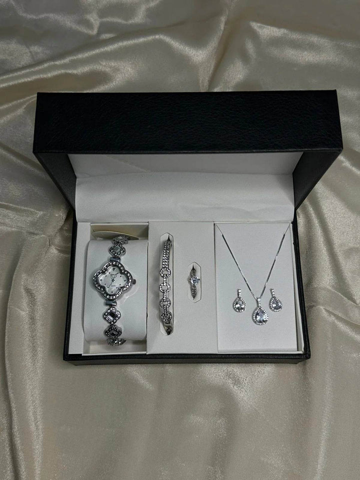 Elegant Silver Jewelry Gift Set for Women – Watch, Bracelet, Ring, Necklace & Earrings - RiwayatbyRida