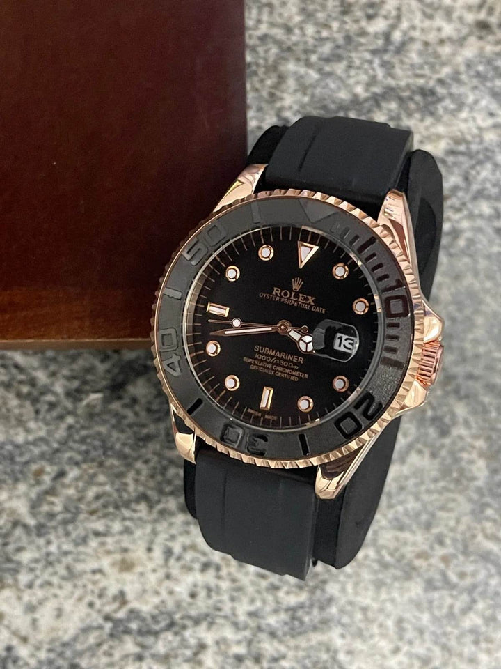 Luxury Submariner Style Men's Watch – Black Dial, Rose Gold Case & Rubber Strap - RiwayatbyRida