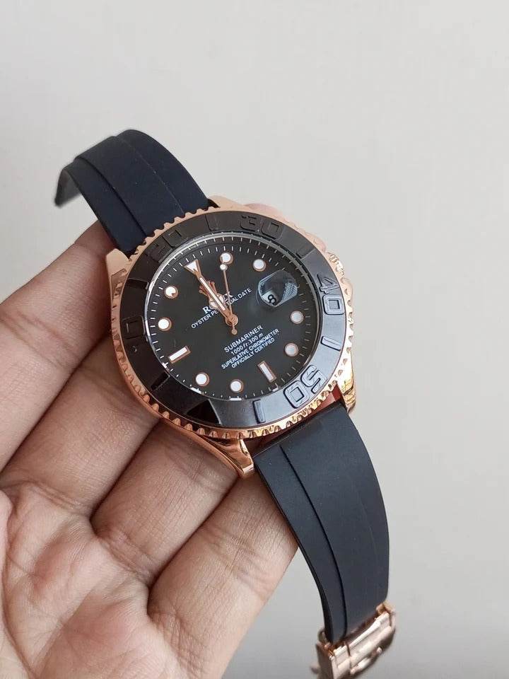 Luxury Submariner Style Men's Watch – Black Dial, Rose Gold Case & Rubber Strap - RiwayatbyRida